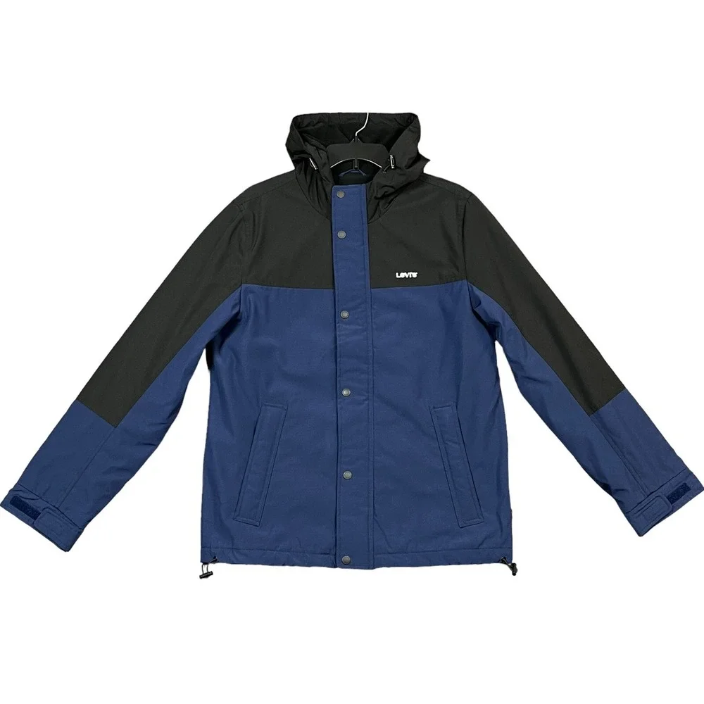 Levi's Men's Fleece Lined Shell Jacket Size M Blue‎ Black Hooded Water Resistant